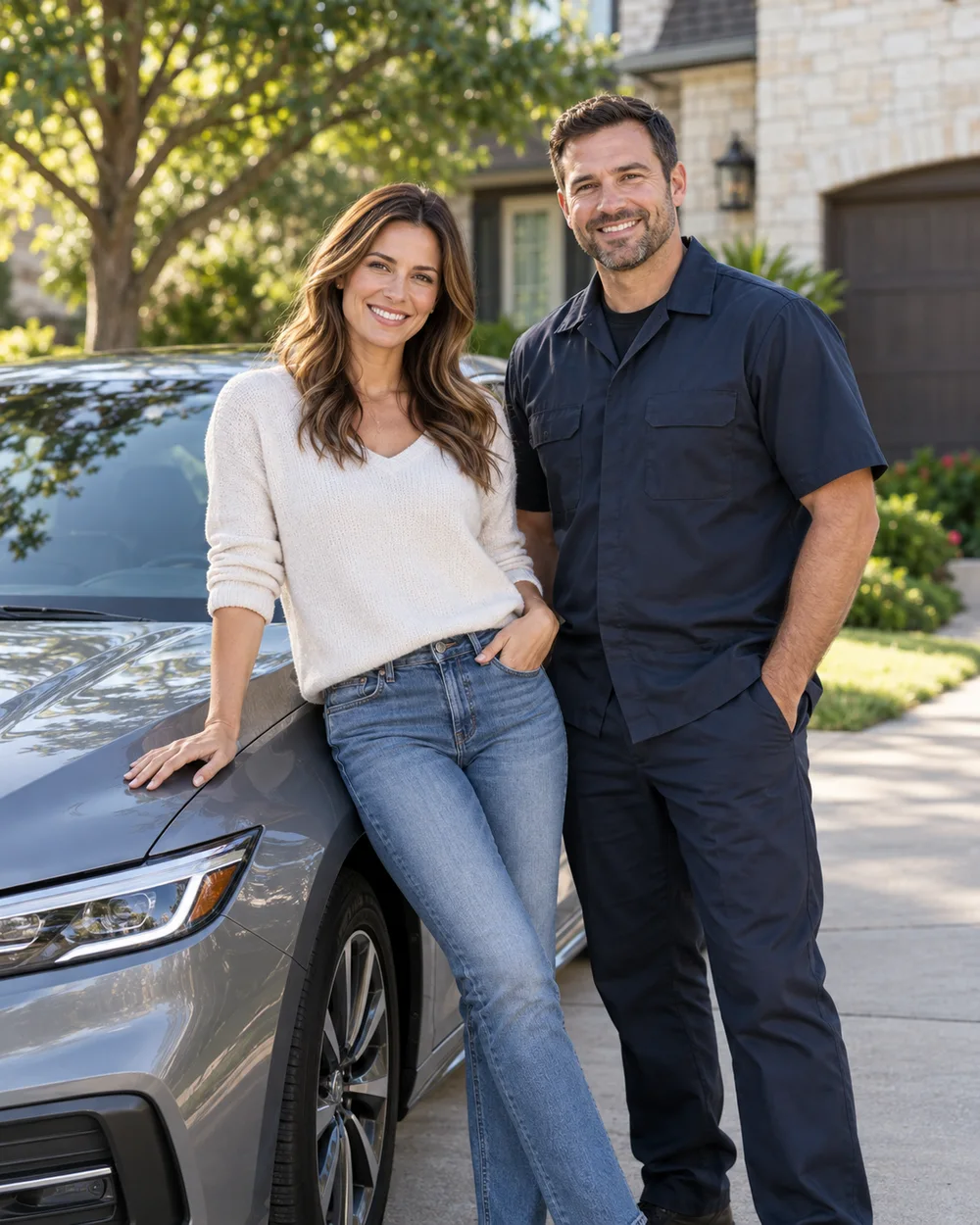 Illustrative image of a smiling woman beside a car with a mechanic